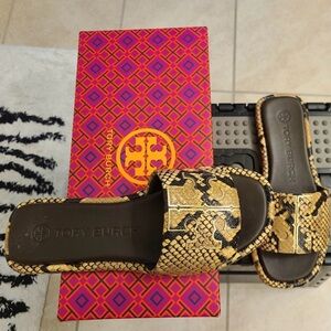 Tory Burch Black and Gold Leather Snake Pattern Slides
